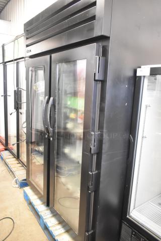 2017 True STG2RPTVLD-2G-2S-HC commercial cooler, 2-door, right door locked, 115V, 1-phase. Glass doors, black exterior.