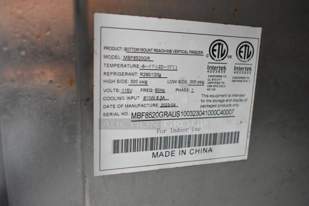 Label on Freightliner food truck freezer, model MBF8520GR, 115V, 610W, refrigerant R290. Made in China, for indoor use.