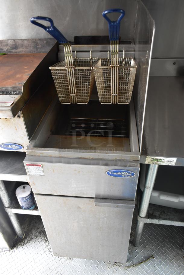 Commercial fryer in 2002 Freightliner Ludicrous Food Truck, featuring CookRite branding, dual baskets, and visible warning label.