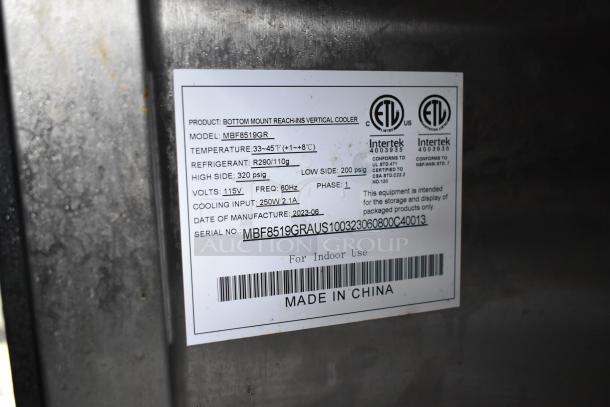 Label on 2002 Freightliner Ludicrous Food Truck's refrigeration unit, model MBF8519GR, details specs like temperature.