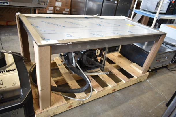 Brand new Hatco FTB-3 commercial frost top, 57" wide, three pan, drop-in, 120V, 1 phase, on a wooden pallet.