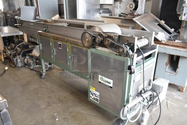 Lenin commercial gas-powered chip fryer with conveyor, 220,000 BTU, on casters, stainless steel finish, visible Lenin logo.