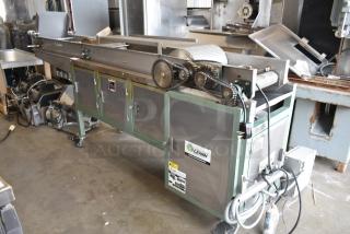 Lenin commercial gas-powered chip fryer with conveyor, 220,000 BTU, on casters, stainless steel finish, visible Lenin logo.