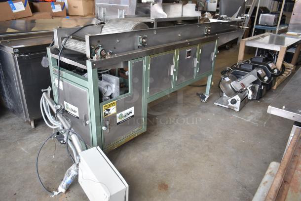 Lenin commercial gas fryer conveyor machine, 220,000 BTU, on casters, with control panel and brand labels visible.