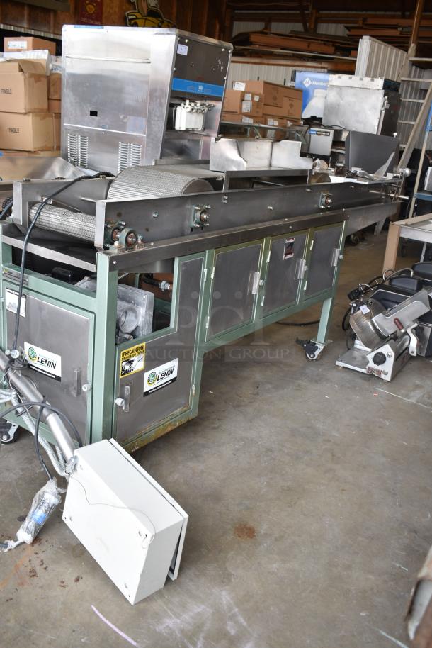 Lenin gas-powered chip fryer conveyor machine, 220,000 BTU, commercial floor style, on casters, visible labels.