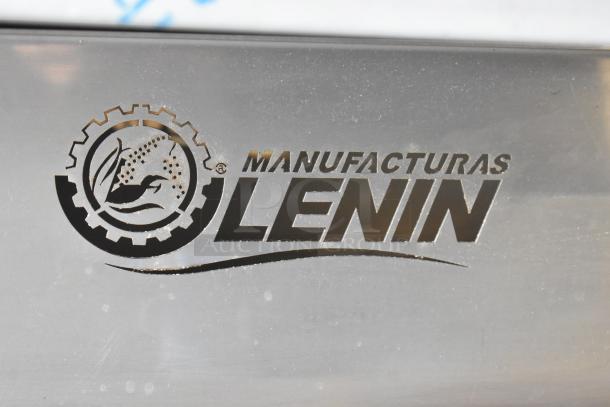 Lenin gas-powered chip fryer conveyor machine, 220,000 BTU, commercial casters, visible Lenin logo.