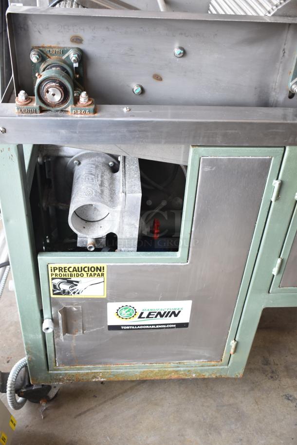 Lenin gas-powered chip fryer, 220,000 BTU. Commercial floor style on casters. Visible Lenin tags. Warning label present.