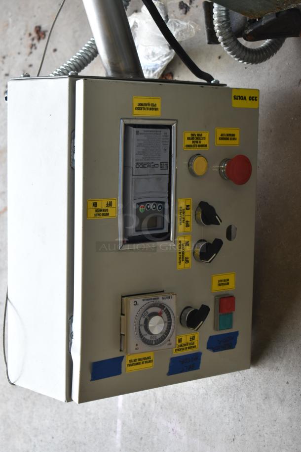 Lenin commercial chip fryer control panel with on/off switches and adjustment dials. Labels indicate settings and safety instructions.
