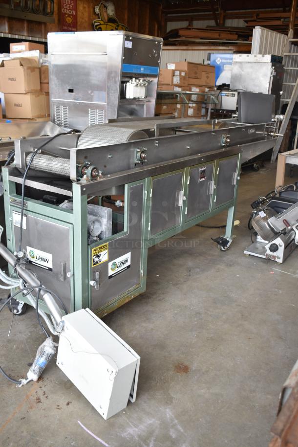 Lenin gas-powered chip fryer conveyor machine, 220,000 BTU, on commercial casters, stainless steel, visible Lenin branding.