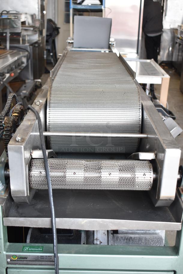 Lenin commercial gas-powered chip fryer conveyor machine, 220,000 BTU, on casters, stainless steel rollers, sturdy frame.