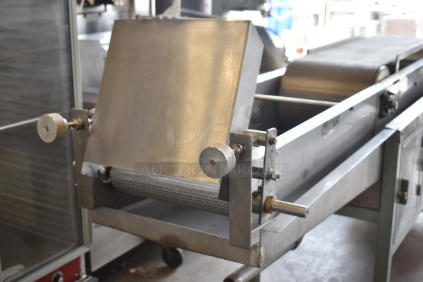 Lenin gas-powered chip fryer conveyor, 220,000 BTU, stainless steel, commercial casters, floor style, EUC.