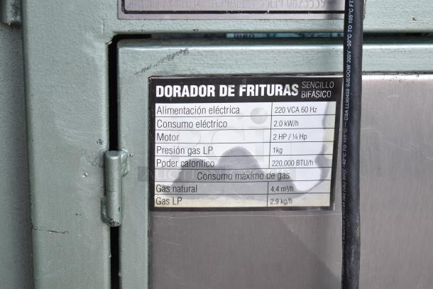 Lenin gas-powered commercial chip fryer with conveyor, 220,000 BTU, on casters. Features include dual gas options and 2 HP motor.