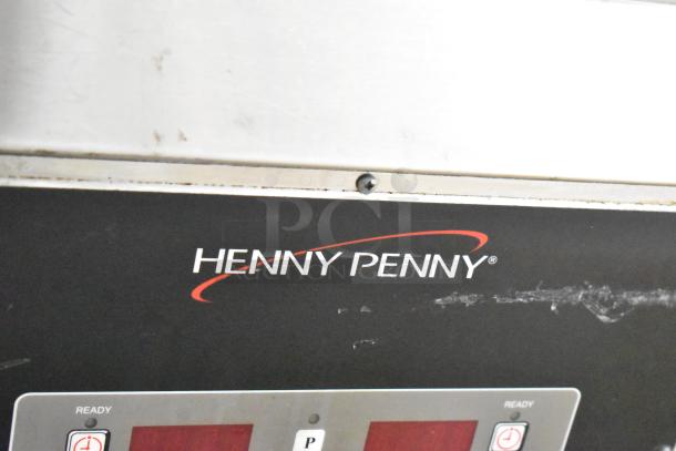 2019 Henny Penny OFG-322 commercial gas fryer, 2 bays, 170,000 BTU, on casters. Model logo and control panel close-up.