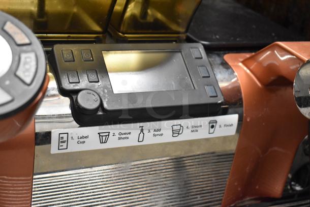 Thermoplan Mastrena II CS espresso machine with touchscreen, steam wand, and labeled controls. Stainless steel, 250V, 1 phase.