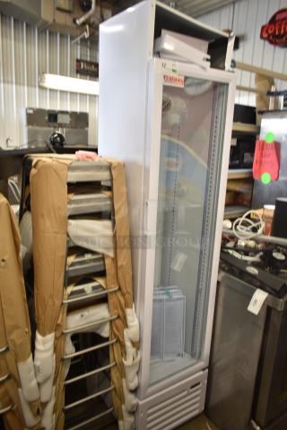 Brand new Galaxy 177GDN5RBW 16 9/16" white merchandiser refrigerator, swing glass door, LED lighting, 115V.