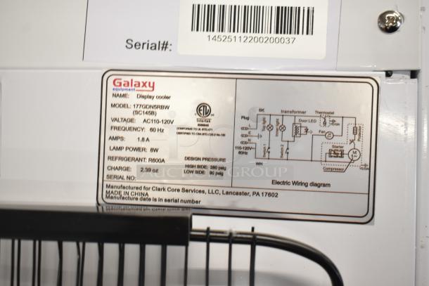 Galaxy 177GDN5RBW Merchandiser Refrigerator label; 115V, 1 Ph, R600A refrigerant, electric wiring diagram, serial details.