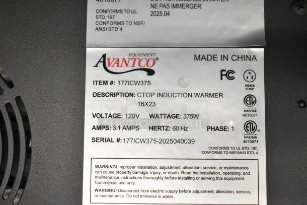Avantco 177ICW375 Black Countertop Induction Warmer, 16"x23", 120V, 375W, 1 Phase, New Scratch and Dent. Serial #177ICW375-2025040039.