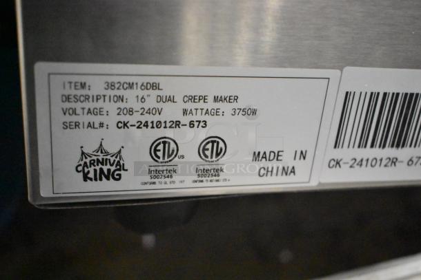 Brand new 2024 Carnival King 382CM16DBL 16" dual steel crepe maker. 208/240V, 3750W. Serial: CK-241012R-673. Made in China.