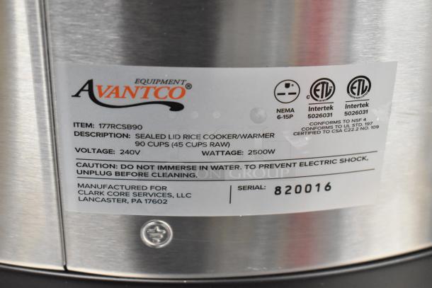 "Brand new Avantco 177RCSB90 digital electric rice cooker/warmer, 90 cups capacity, 240V, with hinged lid and warning label."
