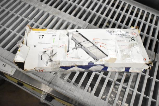 Bron Coucke 3839 Mandoline in damaged box, stainless steel, interchangeable blades, scratch and dent condition.