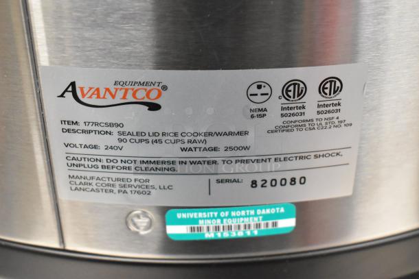 Brand new Avantco 177RCSB90 digital rice cooker. Holds 90 cups. 240V, 2500W. Sealed lid, model and safety labels visible.
