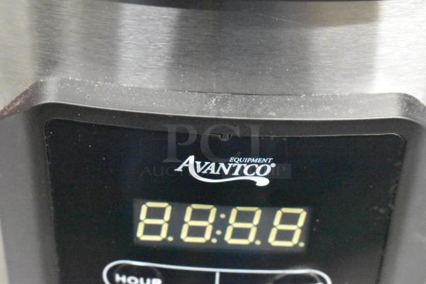 Brand new Avantco 177RCSB90 90 cup digital rice cooker with hinged lid, showing digital display, 240V, 1 phase.