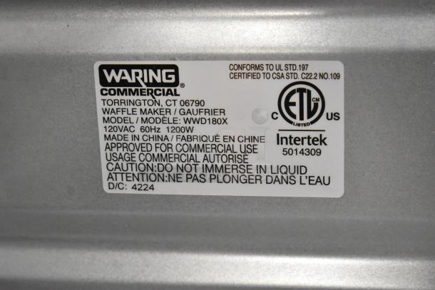 Waring WWD180X Single Classic Waffle Maker label showing model, 120VAC, 60Hz, 1200W, made in China, for commercial use.