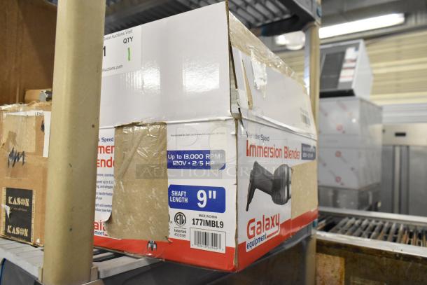 Brand new Galaxy 177IMBL9 immersion blender, 9" shaft, variable speed, 2/5 HP, 120V. Minor box damage.