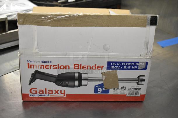 Brand new Galaxy 177IMBL9 9" immersion blender in original packaging. Scratch and dent condition. 2/5 HP, 120V, variable speed.