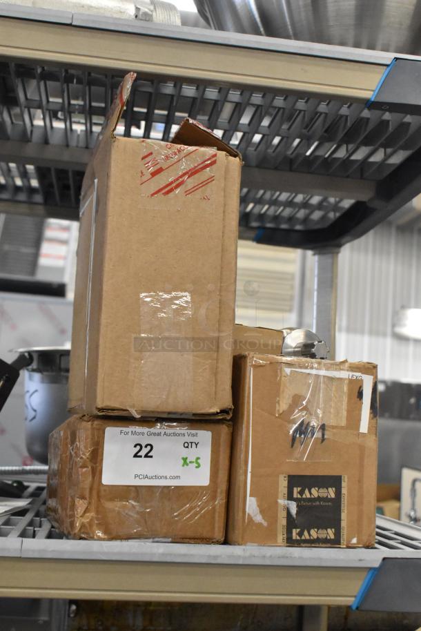 Boxes containing 5 brand new scratch and dent items including ballast, AC contactor, and hinge. Labels show PCI Auctions.