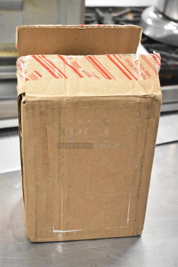 Cardboard box with visible red tape labeled "CHECK SEAL UPON ACCEPTANCE". Contains 5 new scratch and dent items.