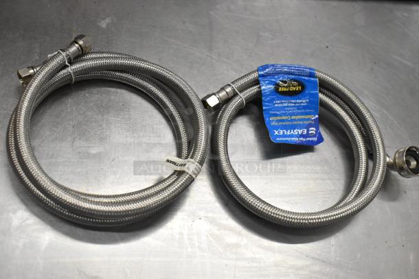 Two metal braided hoses with brass fittings, labeled Easyflex, in new condition with visible tags.