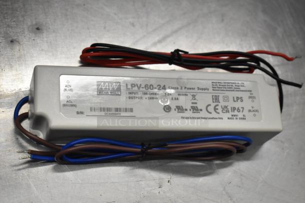 Brand new Mean Well LPV-60-24 Class 2 power supply. Input: 100-240V, Output: 24V, 2.5A, IP67 rated.