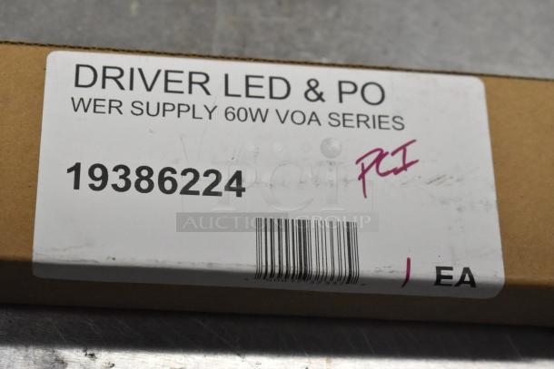 Cardboard box with label "DRIVER LED & PO, WER SUPPLY 60W VOA SERIES, 19386224." Marked "PCI" in red ink.