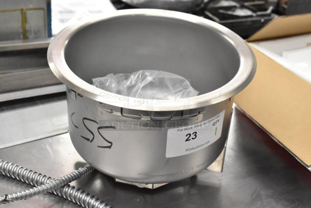 BRAND NEW Hatco HWB-11QTD 11 Qt. Heated Soup Well with Drain, labeled "Caution Hot", 120 Volts, single phase.
