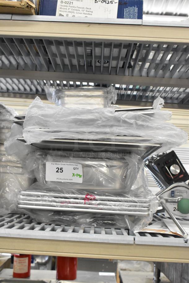 14 brand new scratch and dent items, including muffin baking pans, lids, and drop-in bins. Labeled "Quality 25, x14."