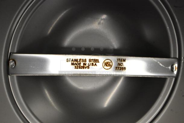 Stainless steel item label marked "Made in USA," model 32325VS, item no. 77259, NSF certified.