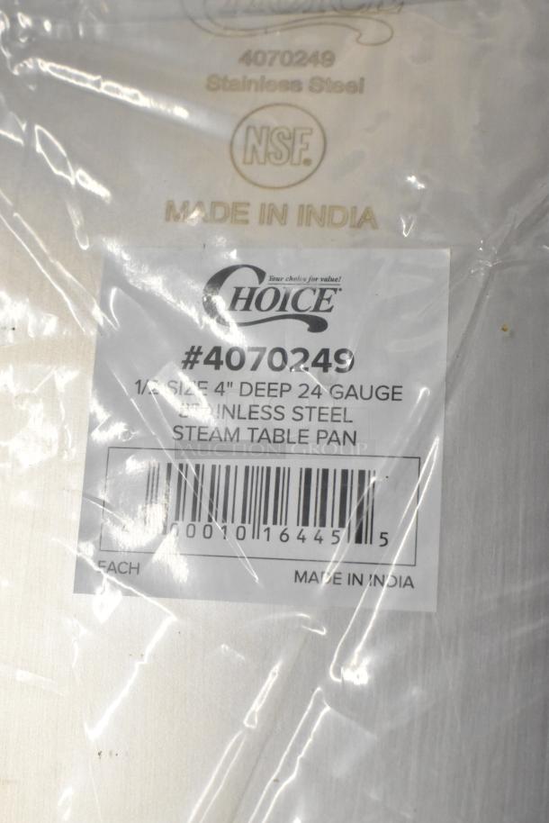 14 brand new scratch and dent items including muffin baking pans, lids, and drop-in bins. Includes Choice #4070249, 1/3 size 4" deep 24 gauge stainless steel steam table pan, NSF certified, made in India.