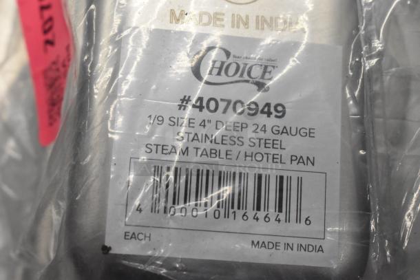 Clear plastic-wrapped stainless steel pan, tagged "Choice" model #4070949, 1/9 size, 4" deep, 24 gauge, made in India.