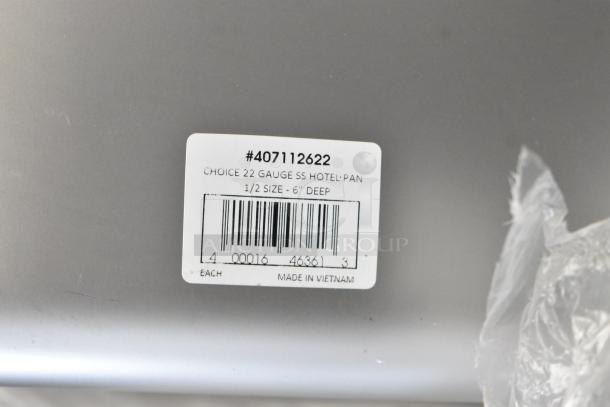 Label on a stainless steel hotel pan shows "Choice 22 Gauge SS Hotel Pan, 1/2 Size - 6" Deep," with barcode and "Made in Vietnam."