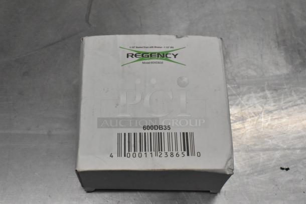 Box containing Regency 3.5" basket drain model 600DB35. Brand new with slight packaging imperfections.