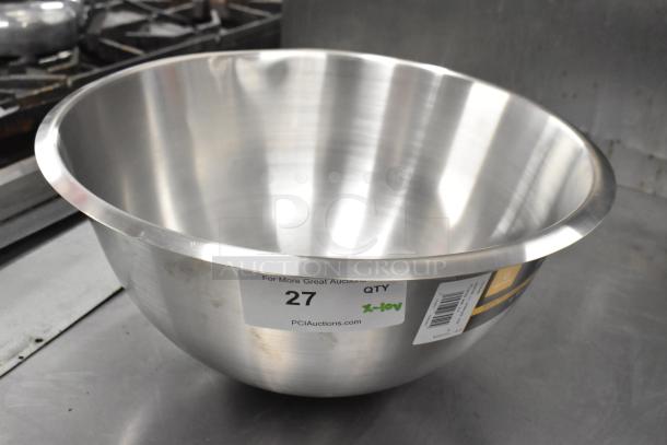 Stainless steel mixing bowl with sticker showing "27 QTY PCI Auctions". Part of a "Scratch and Dent" auction lot.