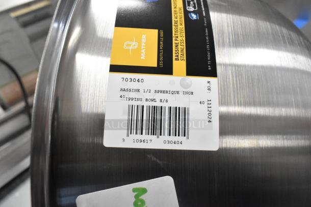 Stainless steel mixing bowl with barcode label; brand: Matfer. Item is part of scratch and dent auction lot.