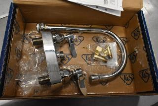 BRAND NEW T&S B-1141 faucet, 4" centers, 5 3/4" swivel gooseneck spout, slight scratch and dent, complete in box.