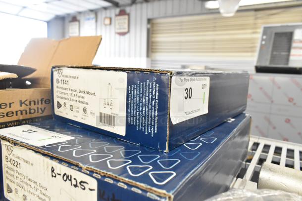 BRAND NEW T&S B-1141 Deck Mounted Faucet with 4" centers, 5 3/4" swivel gooseneck spout, in original packaging, minor box damage.