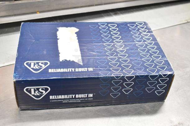 Box for T&S B-1141 deck mounted faucet, brand new, marked as scratch and dent, featuring 4" centers and 5 3/4" swivel gooseneck.