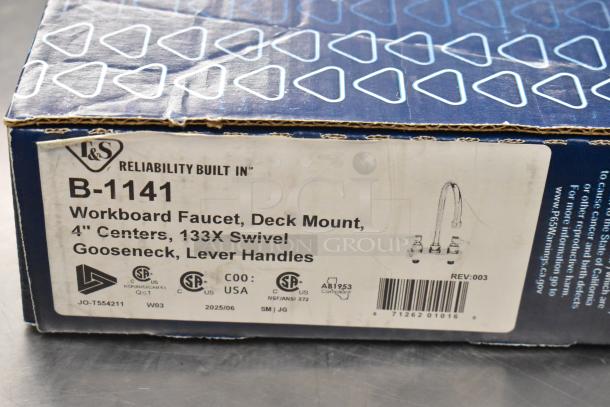 BRAND NEW SCRATCH AND DENT T&S B-1141 deck mounted workboard faucet, 4" centers, 5 3/4" swivel gooseneck, lever handles.