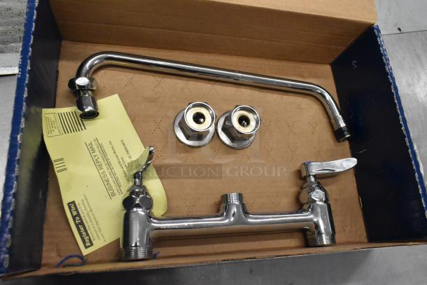 BRAND NEW T&S B-0221 deck-mounted faucet with 12" swing nozzle, 8" adjustable centers, 18.39 GPM regulator, Eterna cartridges.