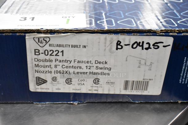 BRAND NEW T&S B-0221 deck faucet with 12" swing nozzle, 8" centers, 18.39 GPM, Eterna cartridges, lever handles, scratch and dent.
