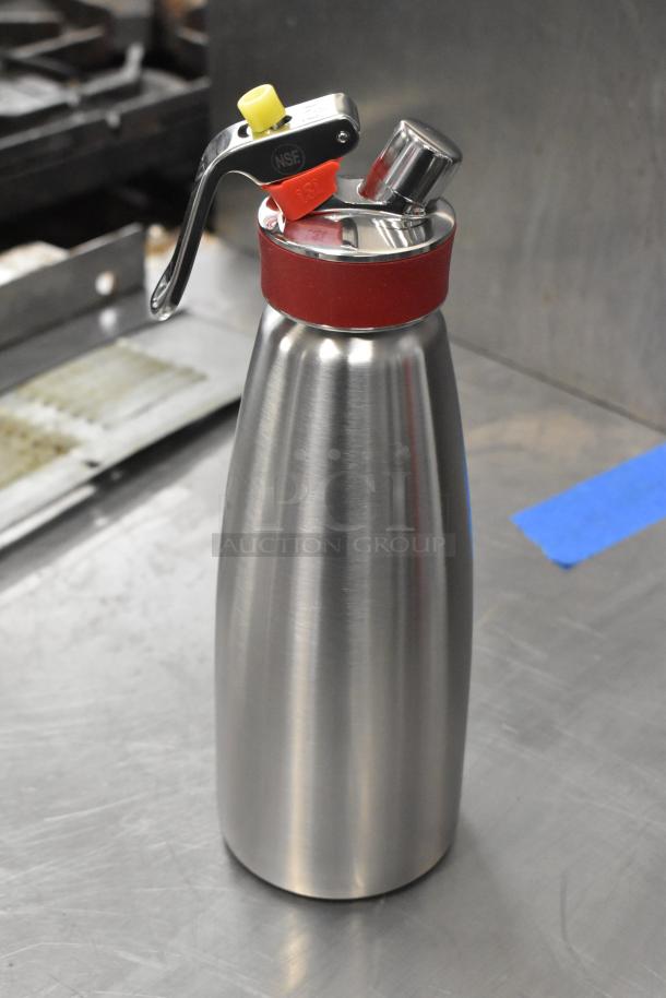 Stainless steel whipped cream dispenser, red trim, by iSi. Model: 170301 Gourmet Whip, 1 Liter, brand new.